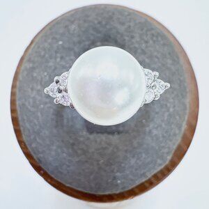 VTG Solid Sterling Silver 925 Pearl & Cubic Zirconia Statement Ring Size 7
